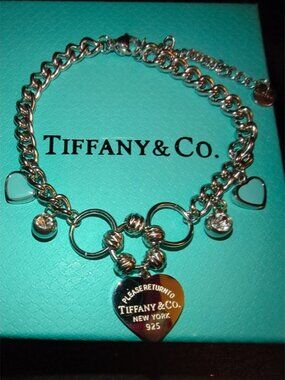 Tiffany & Co. Silver Heart Charm Link Bracelet with Crystal Drops